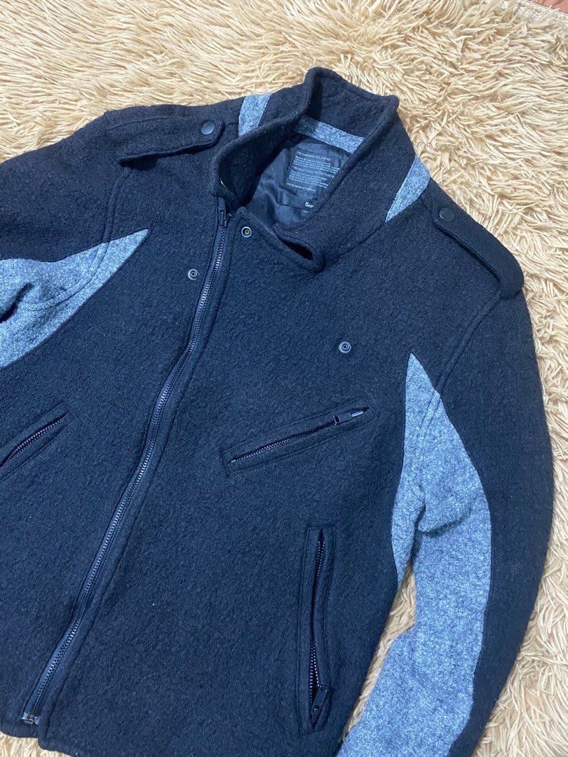 5cm Wool Blend Biker Jacket Black Grey Size L (Category: Coats, Jackets and Outerwear) located in Manila. Submitted by thritingera25 (Listing ID 1465723528, Image 2). Description: - Size: Large (180/96A) - Material: Cozy wool blend in black and grey - Closure: Asymmetric front zipper - Pockets: Multiple functional zip pockets - Details: High collar with snap buttons, adjustable side waist buckles, and grey contrast panels - Interior: Fully lined 