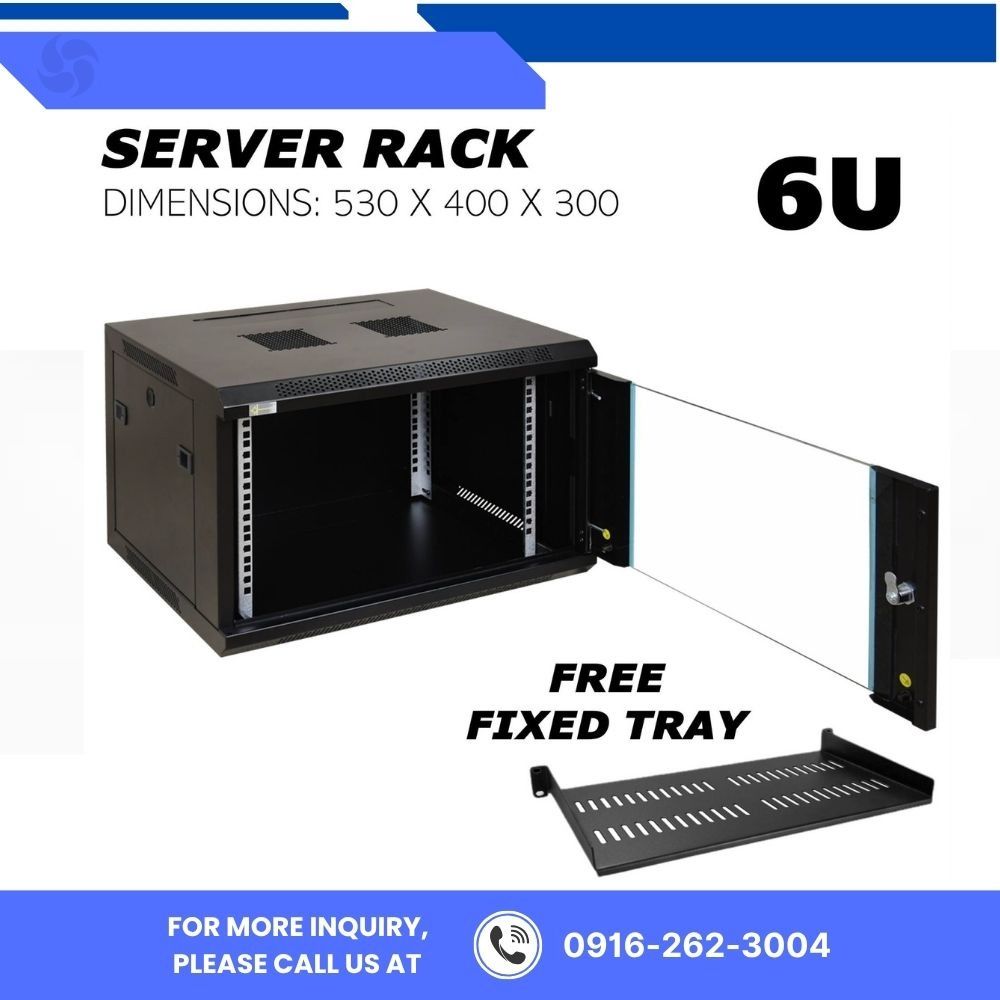6U Wall Mount Server Rack Cabinet with Free Fixed Tray , Data Rack (Category: Shelves, Cabinets & Racks) located in Manila. Submitted by cyrenejoye (Listing ID 1465585868, Image 1). Description: - Size: 6U wall mount cabinet (530 x 400 x 300 mm) - Build: Sturdy black metal with a lockable glass front door - Cooling: Top ventilation slots to prevent overheating - Bonus: Comes with a FREE fixed tray as seen in photos - Ideal for: Organizing network