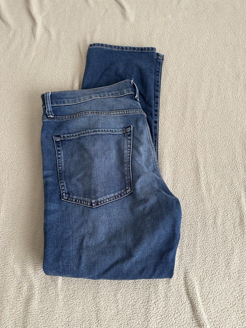 & Denim Slim Straight Jeans Size 33/30 (Category: Jeans) located in Paranaque City. Submitted by kasheeko (Listing ID 1465620554, Image 3). Description: - Style: Slim straight jeans - Color: Blue with soft thigh fading - Size: 33 waist, 30 length - Material: Comfortable cotton blend - Closure: Button fly with metallic buttons - Details: Classic five-pocket design, clean back pockets, sturdy belt loops - Origin: Made in Bangladesh.
