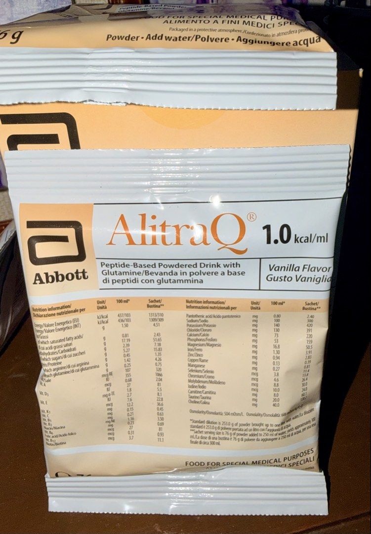 Abbott AlitraQ 1.0 kcal/ml Vanilla Flavor 76g (Category: Health Food, Drinks & Tonics) located in Makati City. Submitted by tonton00 (Listing ID 1465708839, Image 1). Description: ALITRAQ for Sale! -10 boxes available -Mercury Drug Price P368 each 6 per box- P2208 a box - Asking 1500 per box - Product: Abbott AlitraQ Peptide-Based Powdered Drink - Flavor: Vanilla - Size: 76g per sachet - Details: Medical nutrition support with glutamine - Source: