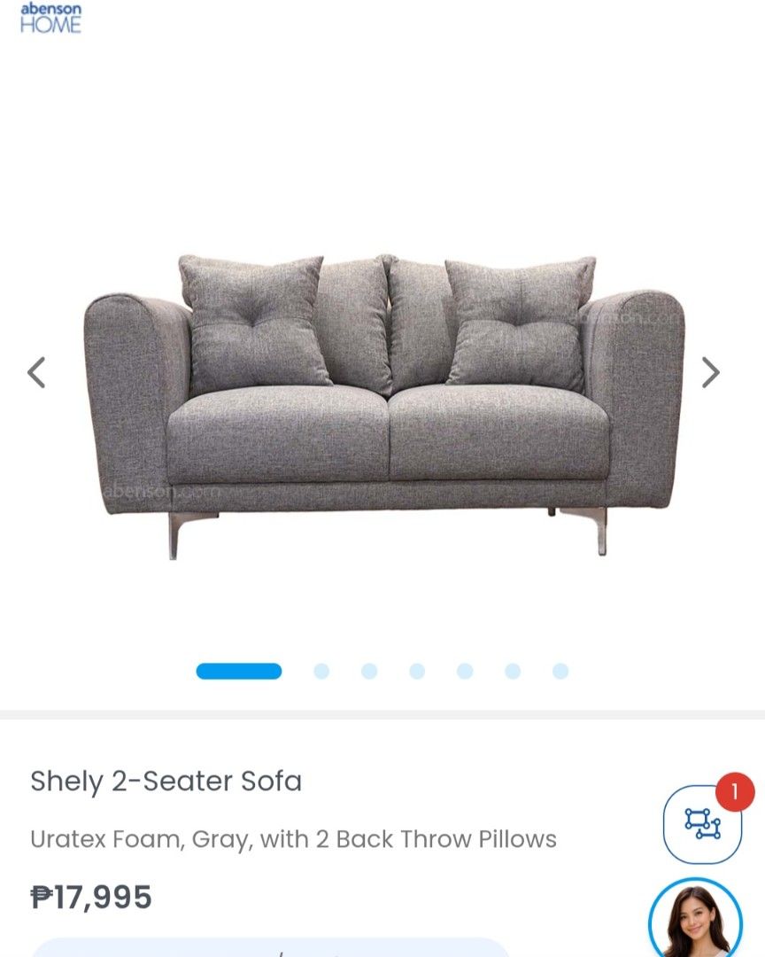 Abenson Home Shely 2-Seater Sofa Gray (Category: Sofas) located in Quezon City. Submitted by quagmire0x (Listing ID 1465714141, Image 1). Description: Selling 1 day old 2 seater sofa shelly (uratex foam) from AbensonsHome Still have official receipt Pm for video or more details. Inclusion 2 back pillow and 2 throw pillow Dimensions: (cm) Length: 152cm Width: 81cm Heigh 86cm Weight: 48kg.