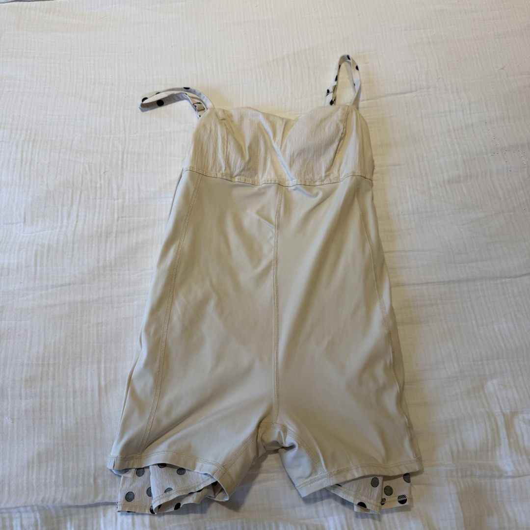 Abercrombie & Fitch Polka Dot Romper (Category: Rompers) located in Manila. Submitted by vea1992 (Listing ID 1465651364, Image 2). Description: - Brand: Abercrombie & Fitch - Size: Small - Color: Cream and black polka dot - Design: Skirt overlay with built-in shorts and bra underneath - Details: Adjustable spaghetti straps, sweetheart neckline, side zipper closure - Condition: Great piece for warm weather, brunch dates, or casual outings.