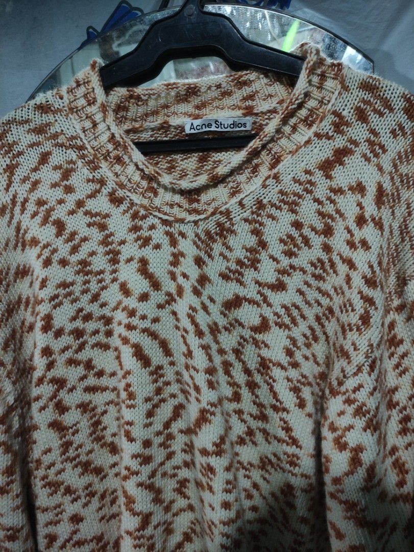 Acne Studios Wool Knit Sweater Brown Cream Size L (Category: Longsleeves) located in Antipolo. Submitted by larryfabor (Listing ID 1465755059, Image 3). Description: - Brand: Acne Studios - Size: Large (tag attached) - Color: Brown and cream with abstract knit pattern - Material: 100% premium wool - Details: Long sleeves and ribbed collar - Care: Hand wash only.