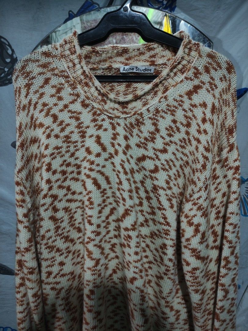 Acne Studios Wool Knit Sweater Brown Cream Size L (Category: Longsleeves) located in Antipolo. Submitted by larryfabor (Listing ID 1465755059, Image 1). Description: - Brand: Acne Studios - Size: Large (tag attached) - Color: Brown and cream with abstract knit pattern - Material: 100% premium wool - Details: Long sleeves and ribbed collar - Care: Hand wash only.