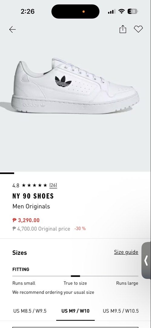 Adidas NY 90 Size 11.5 US (Category: Sneakers) located in Manila. Submitted by psalmcedri90524 (Listing ID 1465692693, Image 2). Description: Size 11.5 US / 44.5 - Color: Clean white with a black trefoil logo on the side - Style: Classic low-top court design for everyday wear - Details: Perforated side panels, tonal stitching, and white laces - Sole: Textured rubber outsole for reliable grip - Versatility: Goes with pretty much any casual outfit.