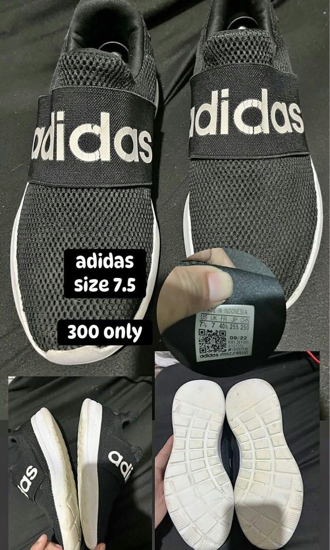 Adidas Slip-On Sneakers Size 7.5 Black (Category: Sneakers) located in Manila. Submitted by kiyanna.preloved (Listing ID 1465699079, Image 1). Description: - Brand: Adidas - Style: Slip-on sneakers with bold logo strap - Color: Black with white rubber sole - Material: Breathable and lightweight mesh upper - Size: US 7.5 / UK 7 / FR 40.5 - Origin: Made in Indonesia - Condition: Great for everyday casual wear, normal signs of wear on bottom tread -