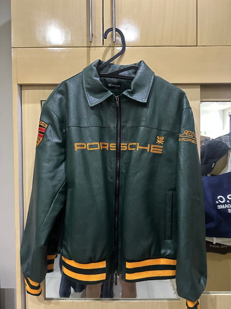 Aimé Leon Dore x Porsche Leather Jacket (Category: Coats, Jackets and Outerwear) located in Antipolo. Submitted by YRKs_Store (Listing ID 1465623852, Image 1). Description: Aimé Leon Dore x Porsche Inspired Leather jacket by Running Cheetahs - Heavyweight leather with quilted black inner lining - Front & Back: Large embroidered Porsche crest patch and ALD branding - Sleeve: Aimé Leon Dore 993 embroidery and Porsche shield patch - Trims: Yellow an