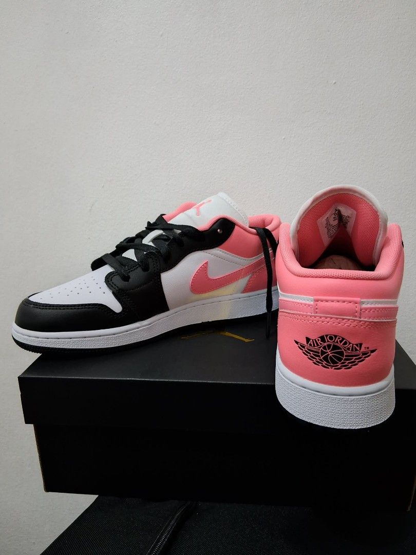 Air Jordan 1 Low Black White Pink (Category: Sneakers) located in Las Pinas. Submitted by nekoniiclr (Listing ID 1465580595, Image 3). Description: - Model: Air Jordan 1 Low - Colorway: Black, White, and Pink (with pink swoosh, heel panels, and tongue branding) - Material: Classic leather upper with perforated toe box - Condition: Clean soles with tread fully intact - Inclusion: Original black Jordan box included - Perfect for everyday wear or ad