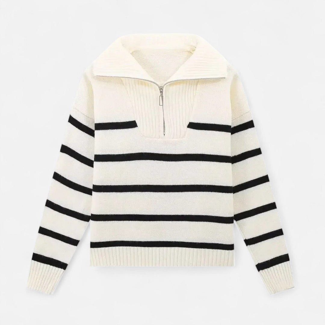 Airport Outfit Sweater (Category: Longsleeves) located in Manila. Submitted by yuShin09 (Listing ID 1465626834, Image 2). Description: - Bought in HK last trip used only once - Trendy black and white striped design with a statement big collar - Features a convenient quarter zip and cozy ribbed knit at the cuffs, hem, and placket - Size: XS (tag attached) but fits Medium to Large - Condition: Brand new, great for layering!.