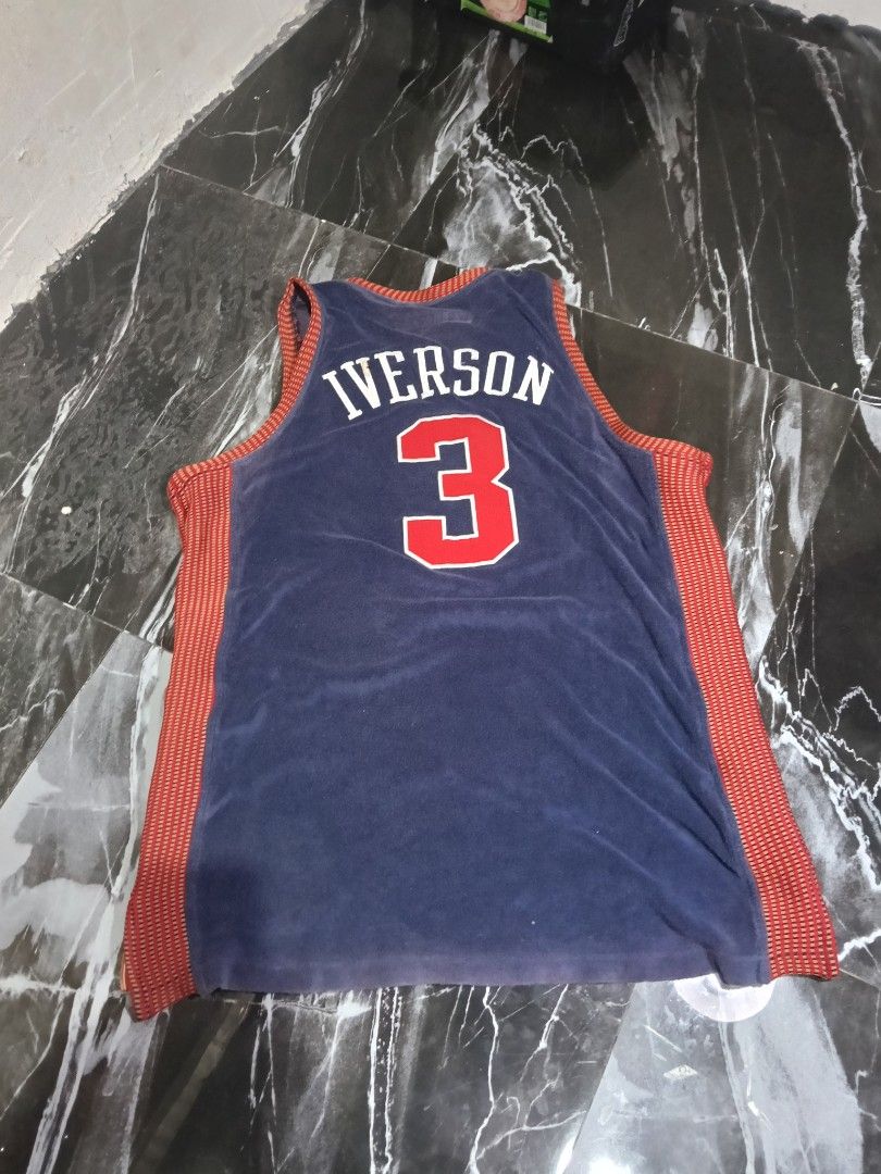 Allen Iverson Syracuse Nationals Throwback Jersey Size L (Category: Activewear) located in Manila. Submitted by jahwang1973 (Listing ID 1465610291, Image 1). Description: - Player/Edition: Allen Iverson Syracuse Nationals 1948-49 Throwback Jersey - Material: Unique blue velvet-like fabric with red and gold mesh side panels - Design: Bold 'Nats' logo across the chest with red and white striping - Details: Number 3 on front and back, with 'IVERSON'