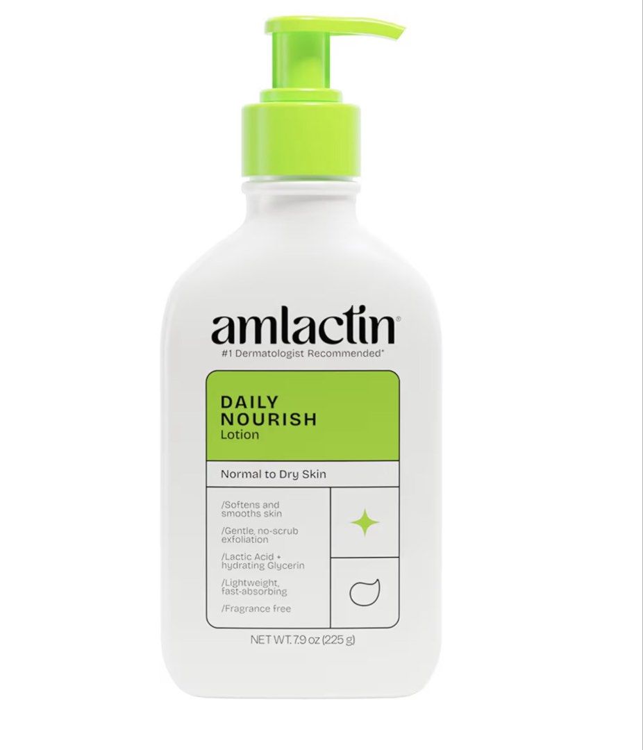 AmLactin Daily Nourish Lotion 7.9 oz (Category: Body Care) located in Makati City. Submitted by playful_buddies (Listing ID 1465728509, Image 1). Description: - Size: 7.9 oz bottle with convenient green pump - Best for: Normal to dry skin types NO EXPIRATION PRINTED ON THE BOTTLE - Key ingredients: Lactic acid and hydrating glycerin - Benefits: Gently exfoliates, softens, and smooths skin without scrubbing - Formula: Lightweight, fast-absorbing, 