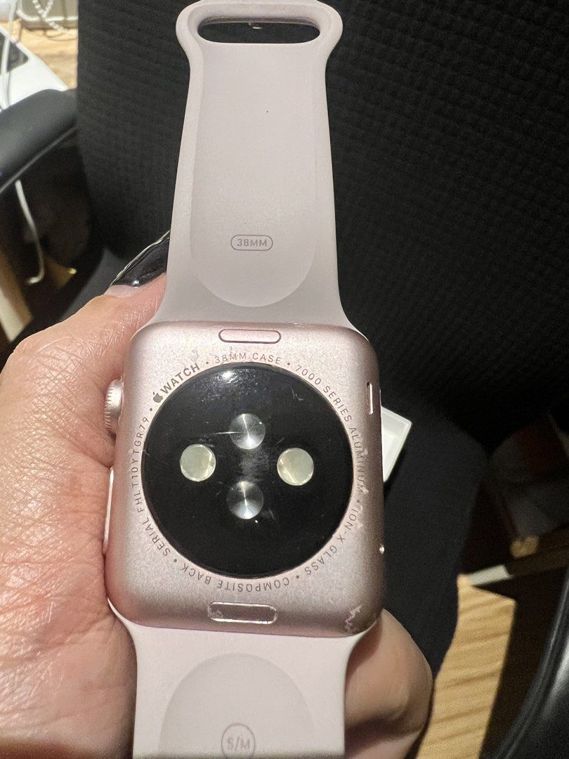 Apple Watch Sport 1st Gen 38mm (Category: Wearables & Smart Watches) located in Taguig. Submitted by fifileen (Listing ID 1465699141, Image 2). Description: - Brand: Apple - Model: Apple Watch Sport 1st Gen, 38mm - Case: 7000 Series Rose Gold Aluminum with Ion-X Glass Retina Display - Band: Lavender Sport Band with 316L Rose Gold Stainless Steel Pin - Condition: Good (7/10), complete with original box and packaging -with free 2 original apple str
