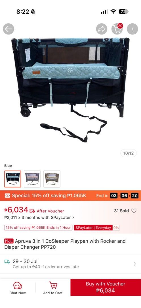 Apruva 3 in 1 CoSleeper Playpen PP720 (Category: Cots & Cribs) located in Marikina City. Submitted by mymelodayy (Listing ID 1465717297, Image 1). Description: - Apruva 3-in-1 Co-Sleeper Playpen in a stylish blue colorway - Includes a built-in rocker and convenient diaper changer - Equipped with wheels for easy mobility and adjustable straps for safety - Sturdy frame designed to handle everyday baby needs - Features solid black mesh sides for bre