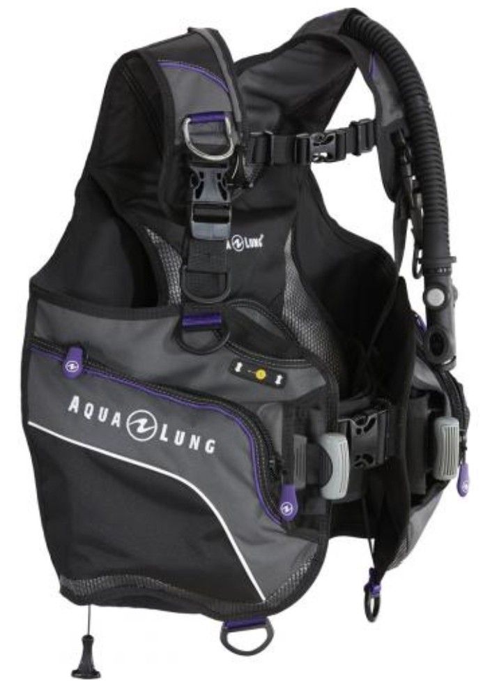 Aqua Lung Pearl Scuba BCD (Category: Water Sports) located in Binan City. Submitted by rft5523267 (Listing ID 1465617139, Image 2). Description: - Aqua Lung Pearl BCD designed specifically for women - Sleek black, grey, and purple colorway - Integrated weight pockets for safety and convenience - Includes corrugated hose inflator assembly and dump valves - Adjustable chest and waist straps for a custom fit - Multiple D-rings and zipped utility poc