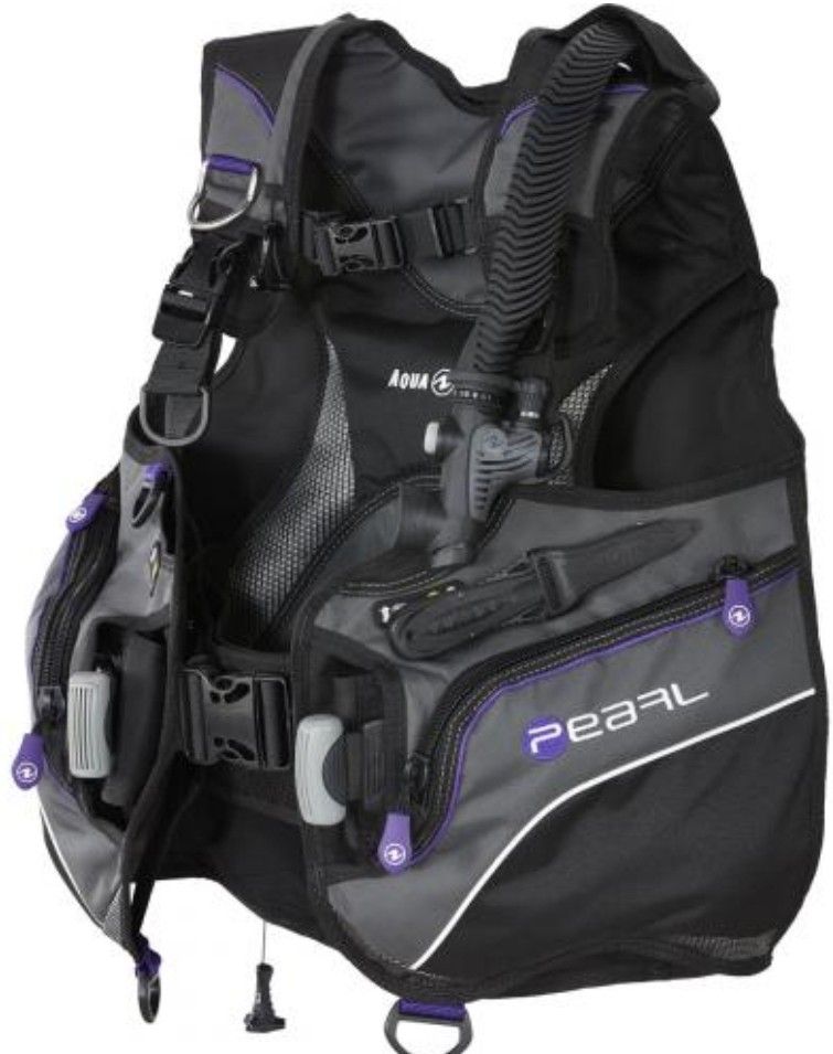 Aqua Lung Pearl Scuba BCD (Category: Water Sports) located in Binan City. Submitted by rft5523267 (Listing ID 1465617139, Image 3). Description: - Aqua Lung Pearl BCD designed specifically for women - Sleek black, grey, and purple colorway - Integrated weight pockets for safety and convenience - Includes corrugated hose inflator assembly and dump valves - Adjustable chest and waist straps for a custom fit - Multiple D-rings and zipped utility poc