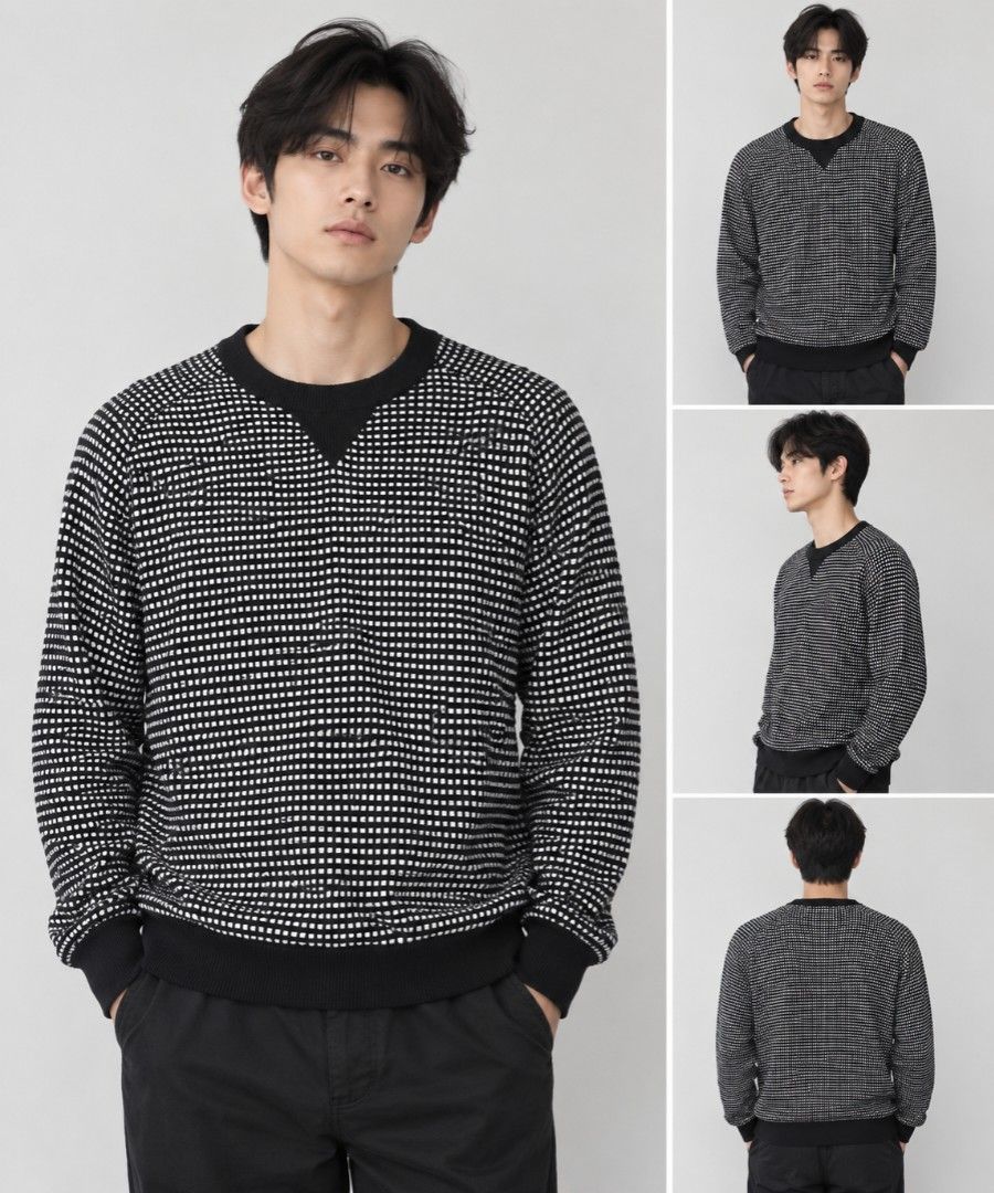 Armani Exchange Black White Pattern Crewneck Sweater Size M (Category: Coats, Jackets and Outerwear) located in Tayum. Submitted by purephoenix.0f7166 (Listing ID 1465633230, Image 1). Description: - Brand: Armani Exchange - 22-23" x 30" dimensions - super smooth and stretch - no issue like new condition - Size: Medium (tag attached) - Color/Pattern: Black and white checked - Material: Textured knit fabric - Design: Ribbed crewneck collar, cuffs,