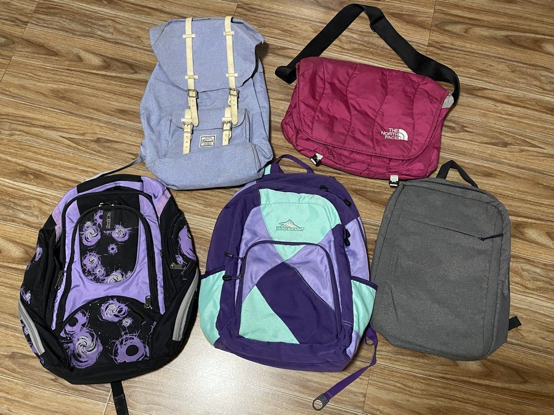 Assorted Bags Bundle High Sierra The North Face Technopack Hawk (Category: Backpacks) located in Pasig City. Submitted by allygene (Listing ID 1465653264, Image 1). Description: LIKE NEW! 5 assorted bags for school, work, or travel - 1) Light blue Technopack rucksack with cream straps - 2) Red The North Face messenger bag with adjustable black strap - 3) Black and purple Hawk backpack with abstract swirl graphics - 4) Purple and light green High 