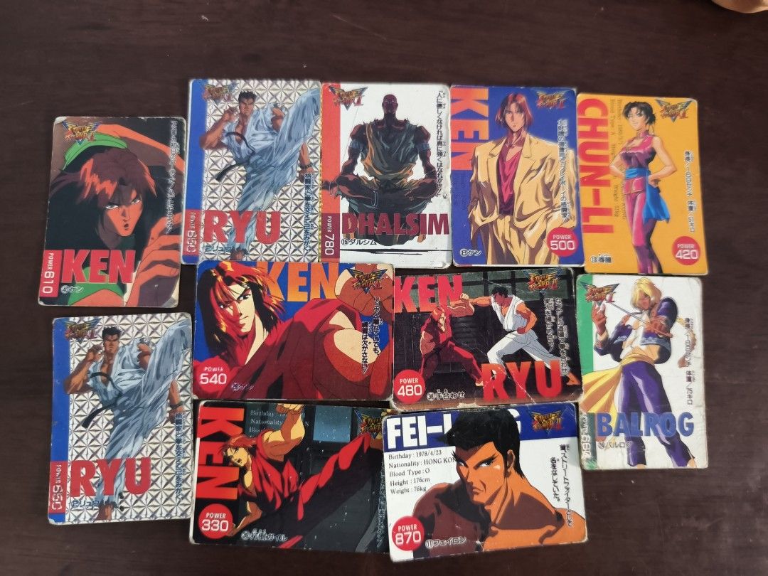 Assorted characters VINTAGE TEKS 90'S (Category: Raw Singles) located in Quezon City. Submitted by abecendarioniel (Listing ID 1465596923, Image 1). Description: - Set of 10 vintage Street Fighter II trading cards - Features iconic characters: Ryu, Ken, Chun-Li, Dhalsim, Balrog, and Fei-Long - Includes retro character stats (power, birthdate, blood type, height, weight) - Classic 90s anime and game artwork - Condition note: Card edges and corners