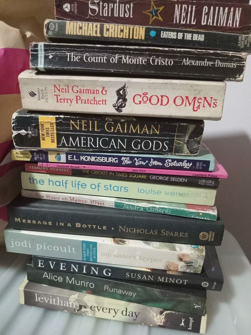 Books (Category: Storybooks) located in Makati City. Submitted by kimberlyt19558 (Listing ID 1465668841, Image 1). Description: P49 - Eaters of the Dead by Michael Crichton - American Gods by by Neil Gaiman P99 - Stardust by Neil Gaiman - Good Omens by Neil Gaiman P149 - The House on Mango Street by Sandra Cisneros P199 - Message in a Bottle by Nicholas Sparks - My Sister's Keeper by Jodi Picoult - Runaway by Alice Munro - The Half Life of Stars 