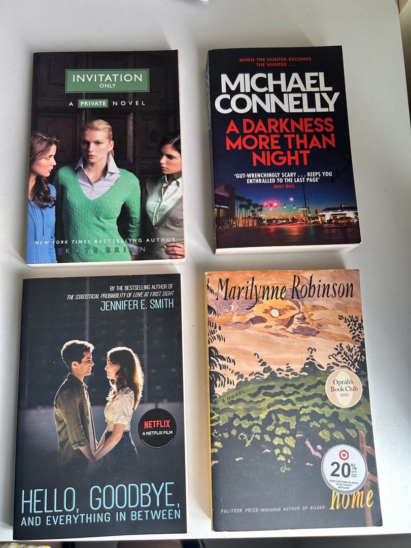 Assorted Novels Paperback Lot (Category: Storybooks) located in General Mariano Alvarez. Submitted by mochiii_72 (Listing ID 1465680272, Image 1). Description: - Set of 4 paperback novels: Invitation Only (Kate Brian), A Darkness More Than Night (Michael Connelly), Goodbye and Everything in Between (Jennifer E. Smith), and Home (Marilynne Robinson) - Condition: Read once with minimal shelf wear on covers - Great bundle for thriller and contempora