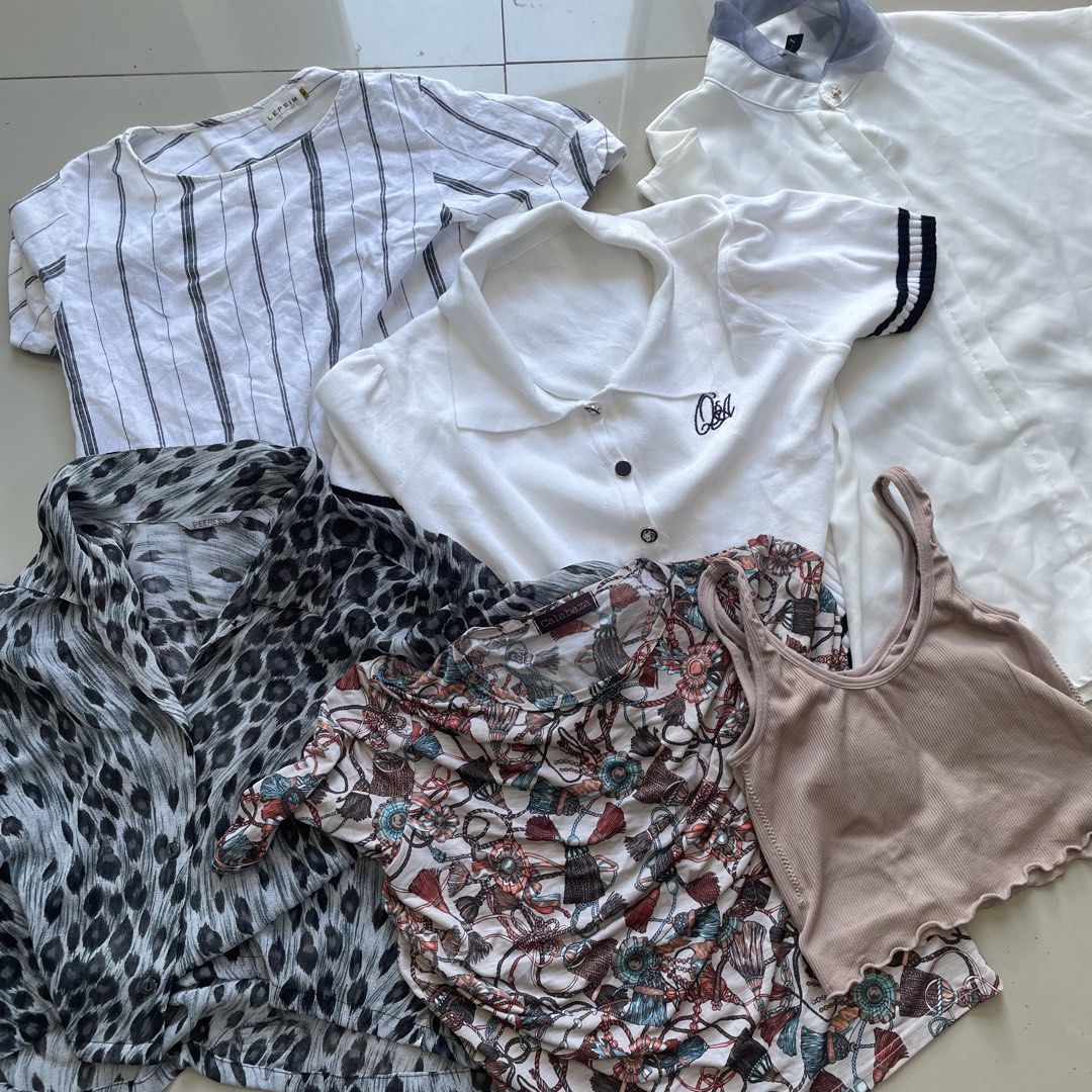 Assorted Women's Tops and Shirts Bundle (6 pieces) (Category: Blouses) located in Daet. Submitted by kyoskii (Listing ID 1465719610, Image 1). Description: Bundle of 6 women's casual tops (selling as a set) - Black and white striped tee - White polo shirt - Classic white button-down - Grey leopard print blouse - Patterned short-sleeve top - Nude ribbed tank top - Assorted styles and fits for daily wear - Closet clear-out special, grab them while 