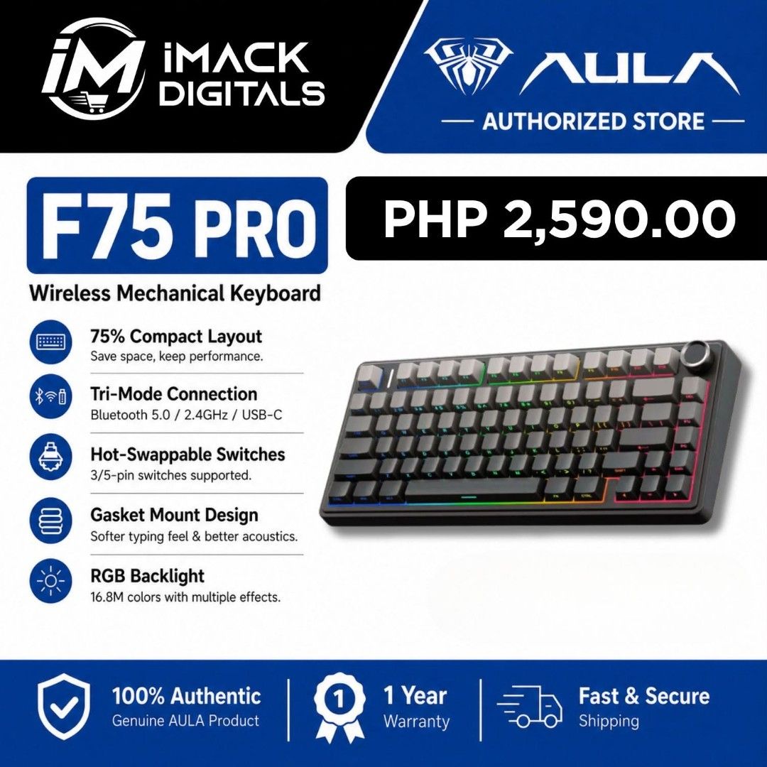AULA F75 PRO TRI MODE MECHANICAL KEYBOARD (Category: Computer Keyboard) located in Taguig. Submitted by imackdigitalsxaula (Listing ID 1465627838, Image 1). Description: .
