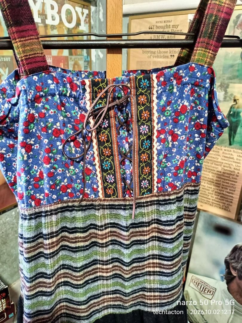 Auntie Rosa Multi-pattern Midi Dress Size M (Category: Dresses) located in Santo Tomas. Submitted by pickers_corner (Listing ID 1465688232, Image 2). Description: AUNTIE ROSA Patchwork Tiered Long Dress size M excellent condition - Brand: Auntie Rosa - Size: M - Material: 50% rayon, 50% wool - Design: Mixed pattern midi dress featuring a blue floral top, striped midsection, dark grey panel, and plaid ruffled hem - Straps: Made from matching plaid
