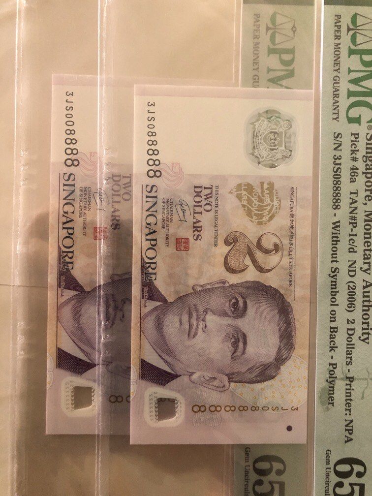 Auspicious notes (Category: Currency) located in Singapore. Submitted by kumarpe (Listing ID 1465659027, Image 1). Description: Singapore Portraits Series $2/-, 3JS008888 & 3JS008888 PMG 65 c 2 pcs .