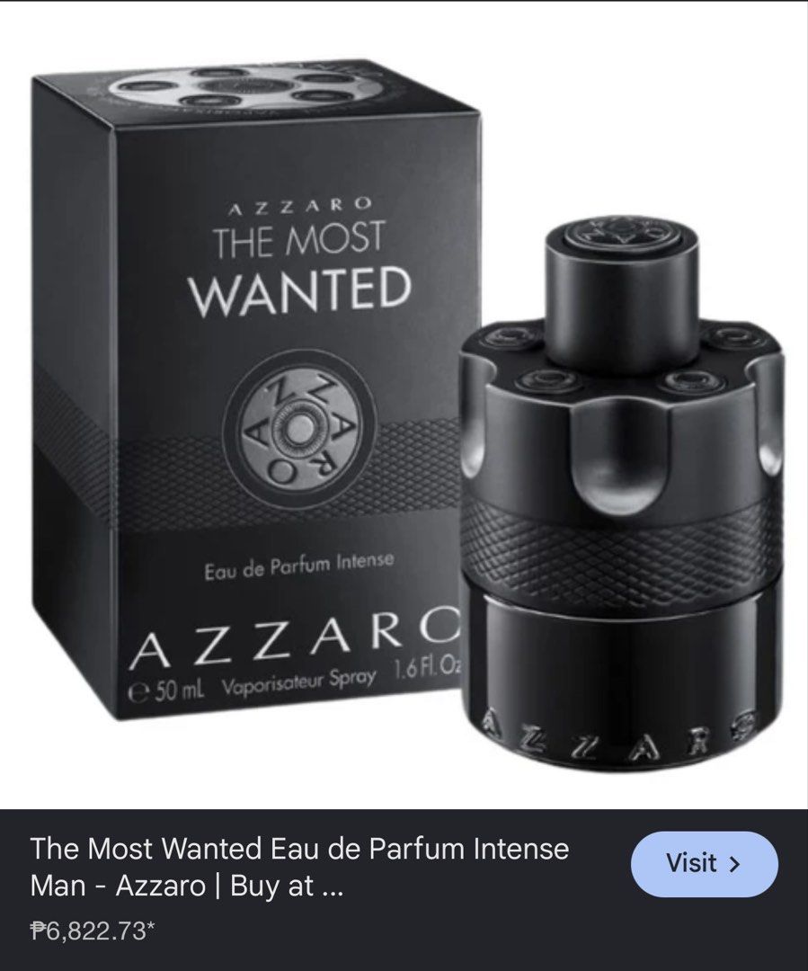 Azzaro The Most Wanted Eau de Parfum Intense 50ml (Category: Fragrance & Deodorants) located in Manila. Submitted by lucky777_777 (Listing ID 1465745609, Image 1). Description: - Brand: Azzaro The Most Wanted - Concentration: Eau de Parfum Intense - Size: 50 ml / Vaporisateur Natural Spray - Condition: Brand new, original box, and still sealed in plastic wrap - Bottle Design: Dark barrel with embossed branding - Fragrance Profile: Strong, long-la