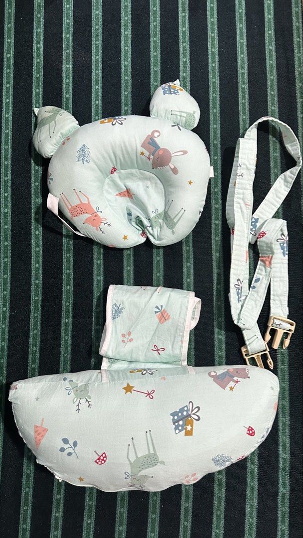 Baby Nursing Pillow with Support Cushion and Strap (Category: Maternity Care) located in Manila. Submitted by kaexer11 (Listing ID 1465596210, Image 3). Description: - Multi-piece nursing pillow set in light blue with adorable forest deer and bunny print - Includes main curved pillow, head support cushion, backrest piece, and adjustable waist strap with buckle - Provides great support for both feeding and tummy time - Made with soft, machine-wash