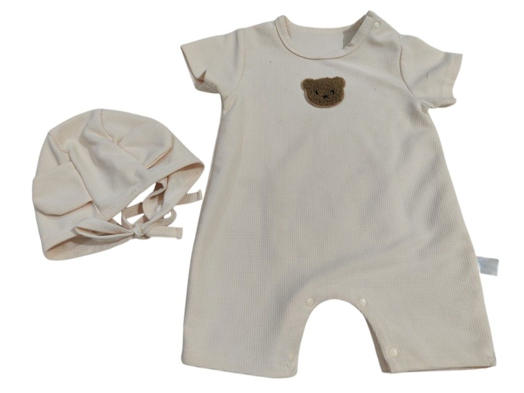 Baby Romper and Hat Set with Bear Patch (Category: Babies & Kids Fashion) located in Taguig. Submitted by rai.a.c (Listing ID 1465754215, Image 1). Description: Cute bear romper with hat. With minor stains and bottom part needs to be stitched .