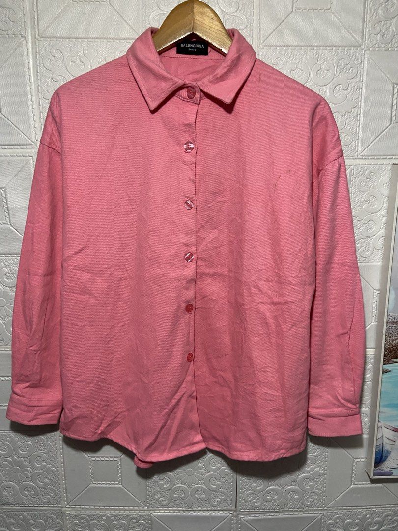 balenciaga bottons down denim jacket (Category: Hoodies) located in Baguio. Submitted by stickygarments (Listing ID 1465653820, Image 2). Description: balenciaga pink denim jacket condition:verygood large dimes:24x26 .