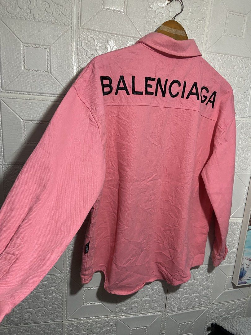 balenciaga bottons down denim jacket (Category: Hoodies) located in Baguio. Submitted by stickygarments (Listing ID 1465653820, Image 1). Description: balenciaga pink denim jacket condition:verygood large dimes:24x26 .
