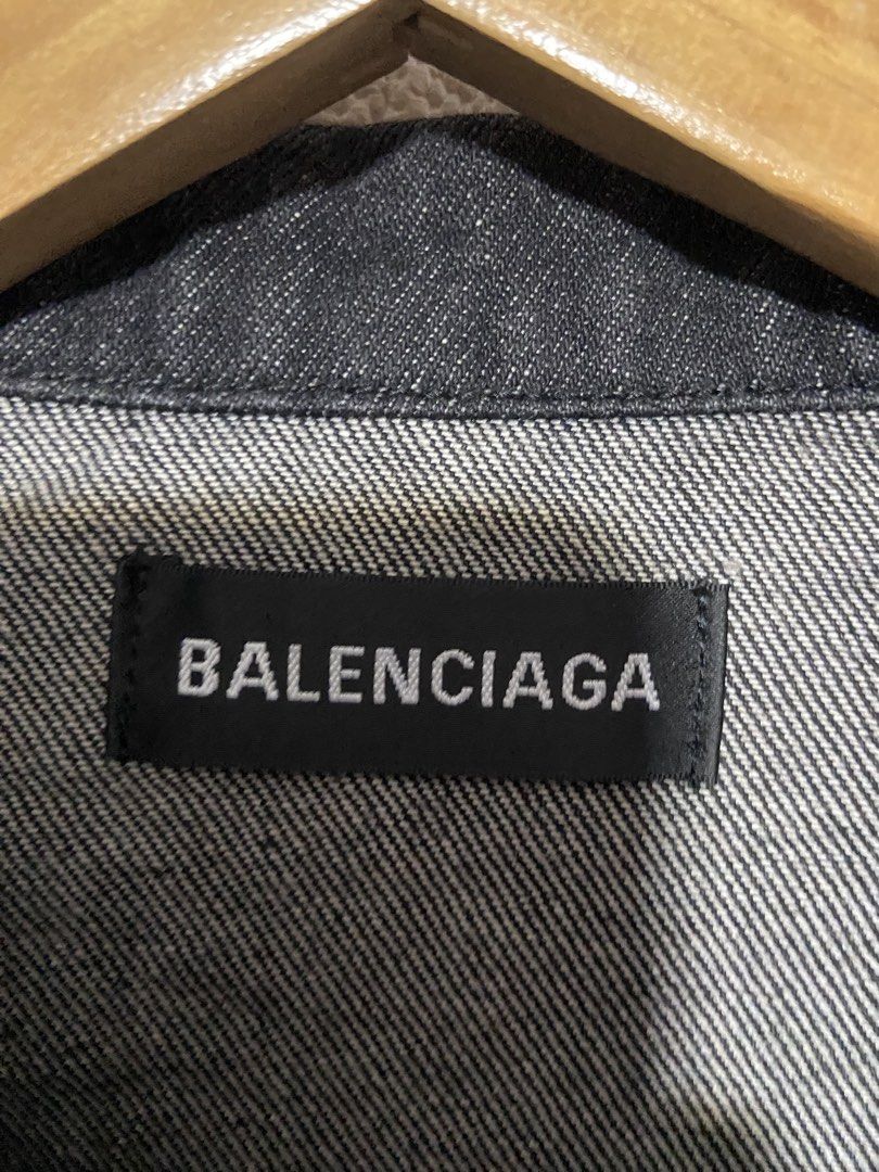 balenciaga raw denimcjacket (Category: Hoodies) located in Baguio. Submitted by stickygarments (Listing ID 1465649710, Image 3). Description: balenciaga raw embellished logo denim jacket condition:excellent solid neto meduim dimes:23x26 .