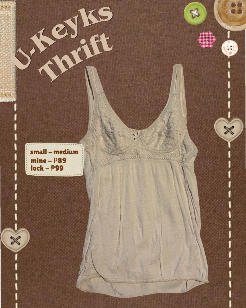 Beige Camisole with Lace Trim (Small-Medium) (Category: Sleeveless) located in Cavite. Submitted by ukeyks (Listing ID 1465710490, Image 1). Description: - Size: Small to Medium - Color: Beige - Details: Scoop neckline with lace panel and cute center bow accent - Straps: Thin shoulder straps - Material: Soft and comfortable for daily use .