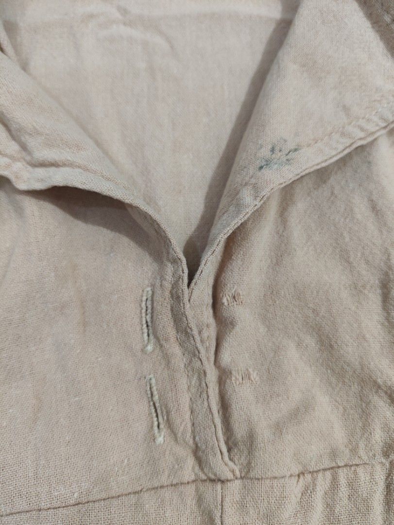 Beige Collared Short Sleeve Romper Playsuit (Category: Babies & Kids Fashion) located in Taguig. Submitted by rai.a.c (Listing ID 1465754162, Image 2). Description: With missing buttons and stains. Can be used as pamabahay.