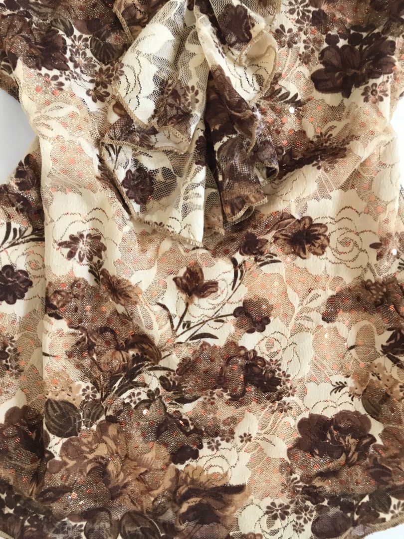 Beige/Brown Floral Ruffle Blouse with Sparkly Inner Lining (Category: Blouses) located in Davao. Submitted by mira_e02 (Listing ID 1465717418, Image 2). Description: .
