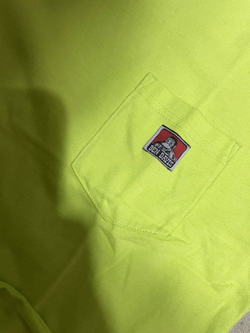 Ben Davis Pocket T-Shirt Lime Green (Category: Tshirts & Polo Shirts ) located in Mandaue City. Submitted by anthony457 (Listing ID 1465644079, Image 2). Description: - Brand: Ben Davis - Color: Bright lime green (BNWT - Brand New With Tag) - Material: Heavyweight cotton - Design: Short sleeves, crew neckline - Details: Left chest pocket with iconic Ben Davis gorilla logo patch - Condition: Brand new with original tag attached.