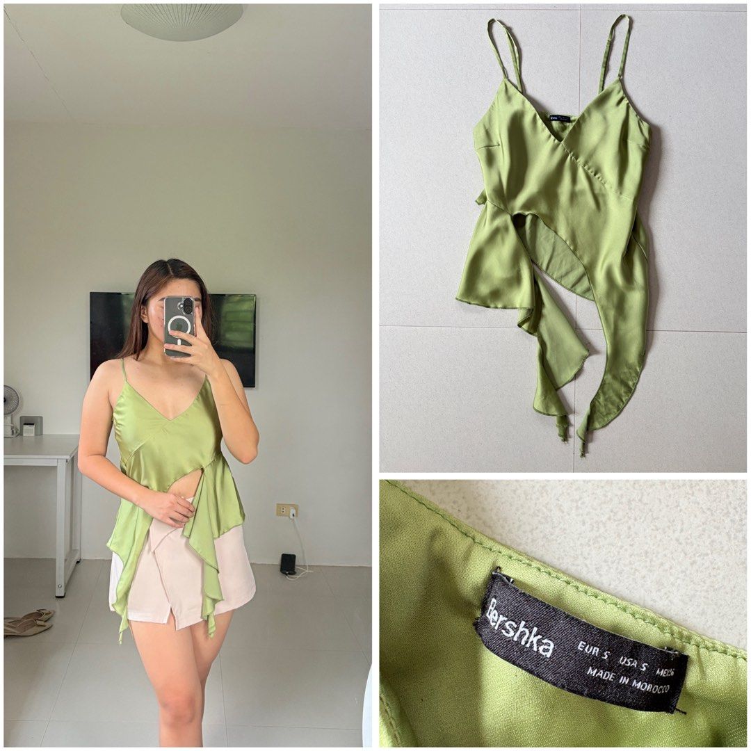 Bershka Satin Asymmetric Cami Top (Category: Sleeveless) located in San Jose. Submitted by ikonicaura (Listing ID 1465605144, Image 1). Description: - Material: Lightweight silky satin with a sheen - Condition: Used 1x.