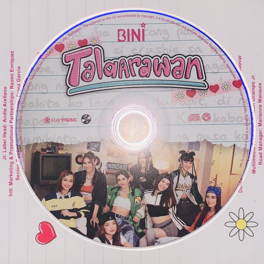 BINI Talaarawan Album CD (Category: CDs & DVDs) located in Caloocan City. Submitted by offthegridfinds (Listing ID 1465756709, Image 3). Description: - Official Star Music release - Denim texture cover design with group photo cut-out - Includes CD with hits like Pantropiko, Salamin, Salamin, and Karera - Notebook-style photobook with handwritten lyrics and exclusive member photos - Perfect for BINIzens and P-Pop collectors.