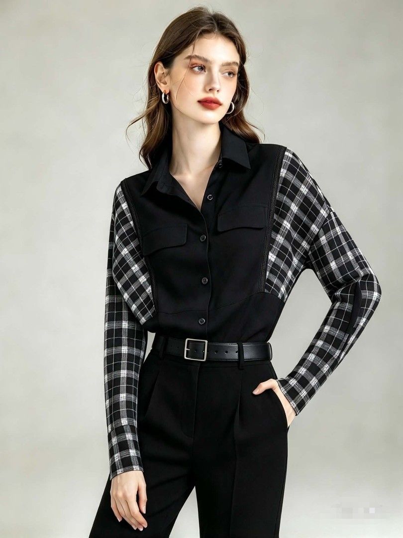 Black and white plaid patchwork button-up shirt (Category: Blouses) located in Caloocan City. Submitted by mylove326 (Listing ID 1465683637, Image 1). Description: - Color: Black with grey and white plaid sleeves and side panels - Material: Comfortable cotton blend - Features: Classic collar, front button closure, and two front chest pockets - Measurements: see photos - Condition: Great piece for a stylish, casual look.