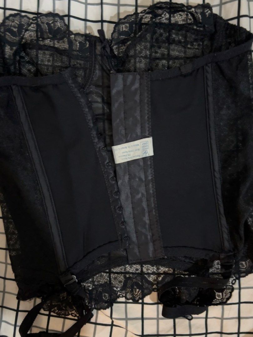 Black Lace Basque Corset with Garter Straps (Category: Undergarments & Loungewear) located in Davao. Submitted by oh.cake (Listing ID 1465704365, Image 2). Description: Used once for my birthday photoshoot. Amazing condition and fits amazingly. Cups are listed as 34C My sizing for reference 34 bust 26 waist Price negotiable for sure buyers Black lace basque corset with sheer dotted panels and structured boning. Scalloped lace trim along the top a