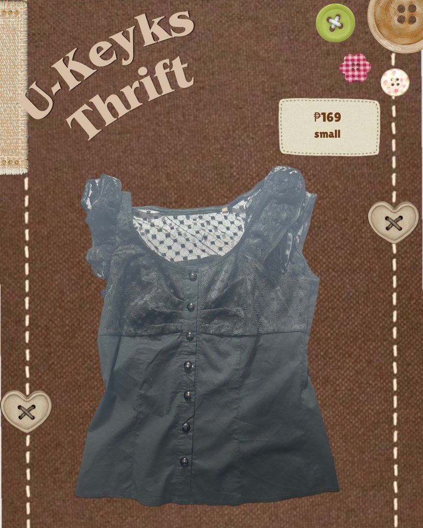 Black Lace Trim Button Down Top Blouse Small (Category: Blouses) located in Cavite. Submitted by ukeyks (Listing ID 1465679703, Image 1). Description: - Color: Black - Design: Button-down front with sheer mesh panel and lace chest detailing - Straps: Stylish ruffle shoulder straps - Material: Lightweight, comfortable fabric .