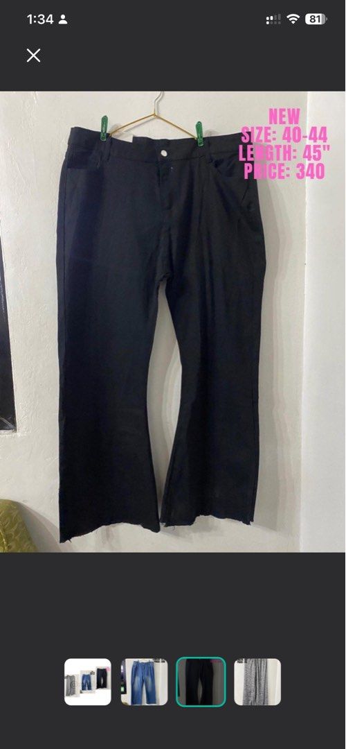 Black Pants Size 40-44 Length 45 (Category: Trousers) located in Indang. Submitted by matilde.sshop (Listing ID 1465622286, Image 1). Description: - Color: Solid Black - Size: Fits waist 40-44 - Length: 45 inches - Details: Front button closure, standard belt loops, and stylish raw-cut hem - Condition: Brand new, fresh item.