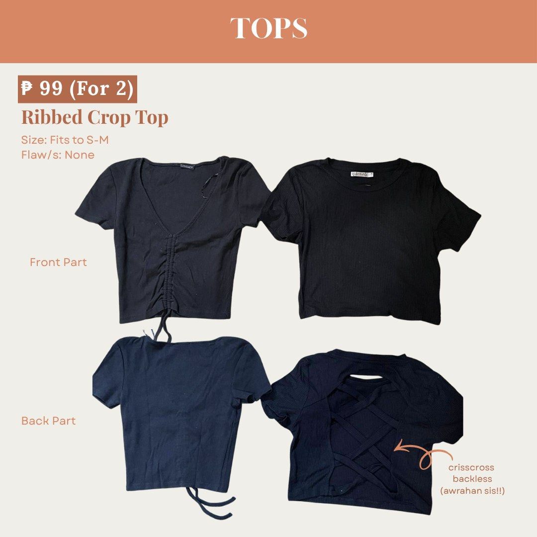 Black Ribbed Crop Top Bundle Set of 2 (Category: Shirts) located in Manila. Submitted by preloveddorangecloset (Listing ID 1465637117, Image 1). Description: - Set of 2 black ribbed crop tops - Fits sizes S to M - Top 1: Drawstring front detail - Top 2: Round neckline with crisscross backless design - Stretchy and comfortable material - Clean, flawless condition - Selling as a bundle for a low price.