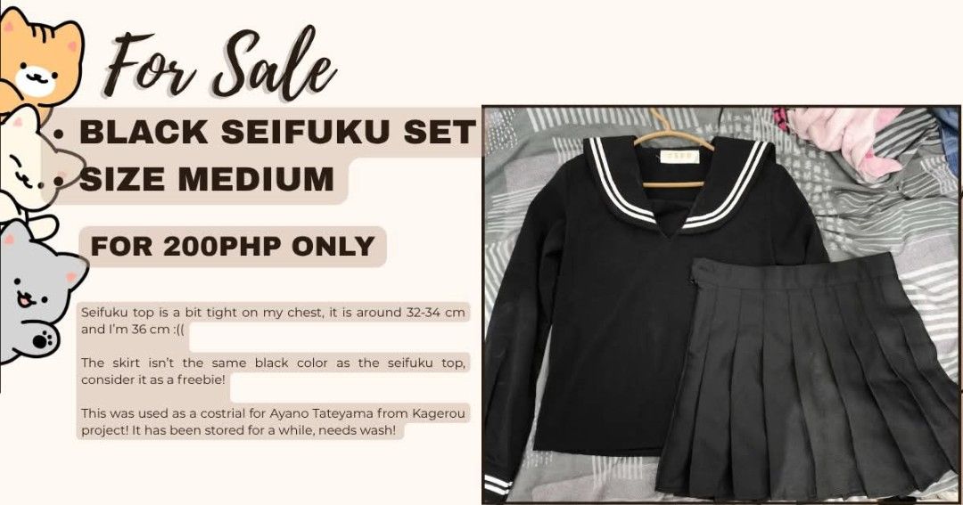Black Sailor uniform (Category: Sets or Coordinates) located in Agdangan. Submitted by rare_chicken (Listing ID 1465747755, Image 1). Description: the skirt is not the same shade black as the seifuku/sailor top. size medium( 34 bust) the skirt is a freebie.