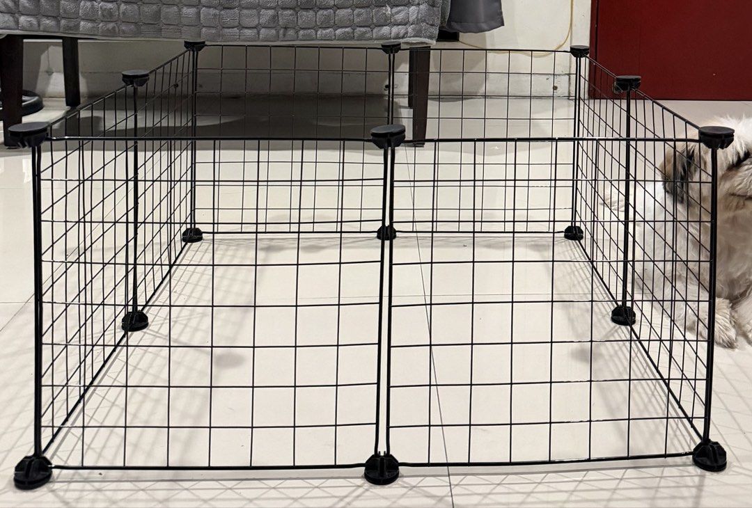 Black Wire Pet Playpen and Elevated Mesh Bed (Category: Cots & Cribs) located in Pasig City. Submitted by tine28_ra (Listing ID 1465582274, Image 2). Description: - Complete set: Black wire modular pet playpen and matching elevated mesh dog bed - Keeps pets secure while protecting them from cold floors - Sturdy metal grid panels easily snap together with connectors - Breathable mesh bed keeps pets raised and cool - Ideal for small dogs and puppie