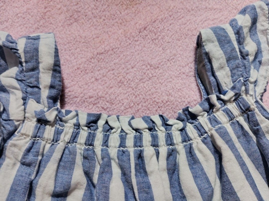 Blue Striped Eyelet top (Category: Babies & Kids Fashion) located in Sipocot. Submitted by mszari (Listing ID 1465753534, Image 3). Description: Details: Soft woven cotton, scalloped floral eyelet hem, elastic neckline, flutter sleeves — so pretty & delicate! Size: 3 months / runs big can fit up to 9 mos Condition: Well-kept, no loose threads ✨.