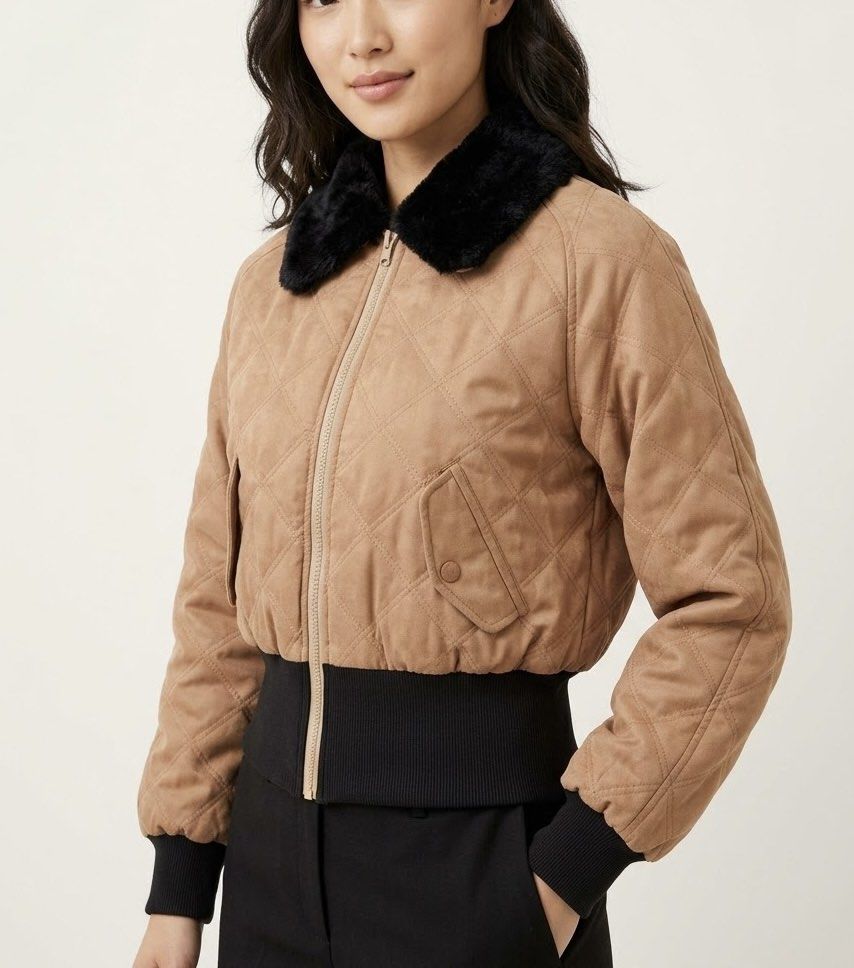 Bomber Jacket with Faux Fur Collar (Category: Coats, Jackets and Outerwear) located in Manila. Submitted by yuShin09 (Listing ID 1465629680, Image 1). Description: - Tan quilted suede bomber jacket with a short cropped fit can fit up to medium perfect for Travel - Well used the black parts are a bit dark gray - Contrast black faux fur collar can work as bomber jacket or winter jacket removable collar - Two front flap pockets secured with brown bu