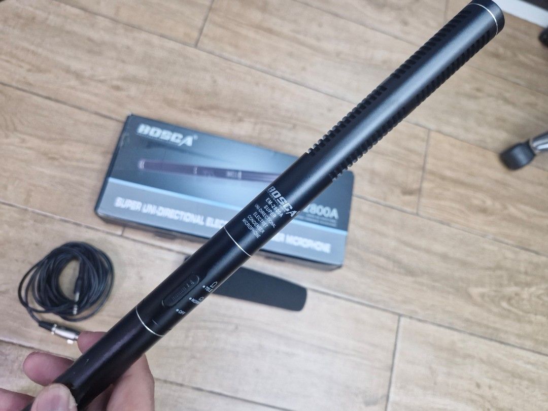 Bosca EM-2800A Super Uni-Directional Shotgun Microphone (Category: Microphones) located in Manila. Submitted by wideterrain (Listing ID 1465699678, Image 1). Description: Bosca EM-2800A super uni-directional electret condenser microphone. Includes foam windshield, long XLR to 6.35mm audio cable, and original retail box. Clean metal body with directional switch on the handle. Everything pictured is included. PERFECT FOR STUDENT FILM MAKERS !!.